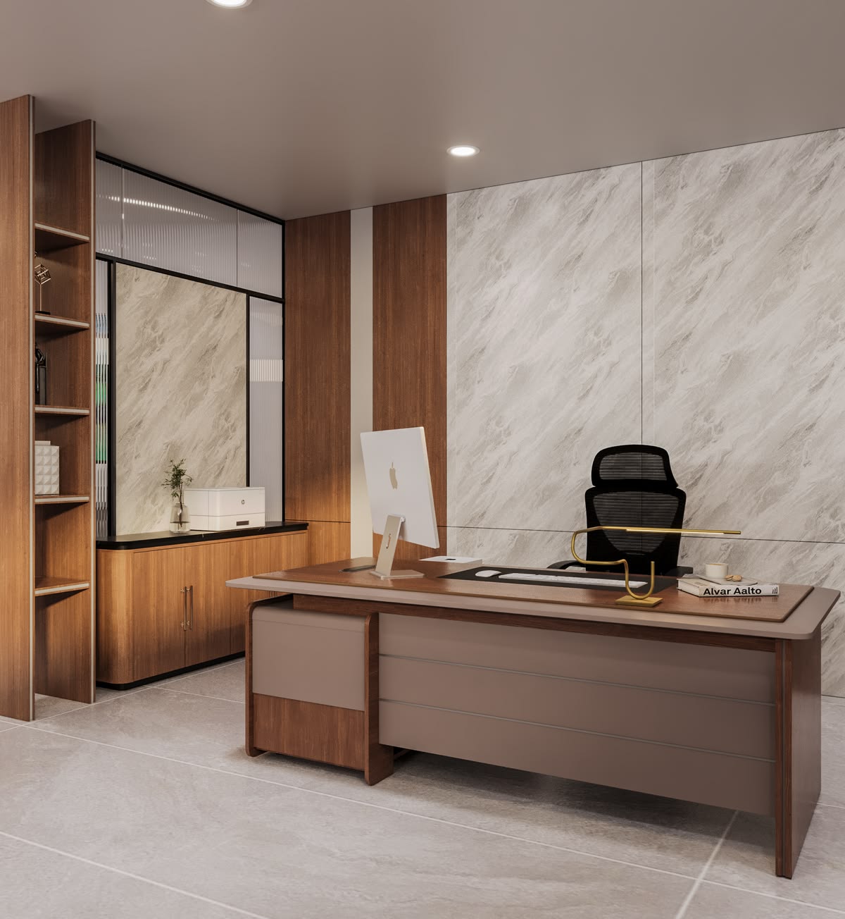 High-Status Director Office with Smoked Glass Trophy & Credenza Display #14